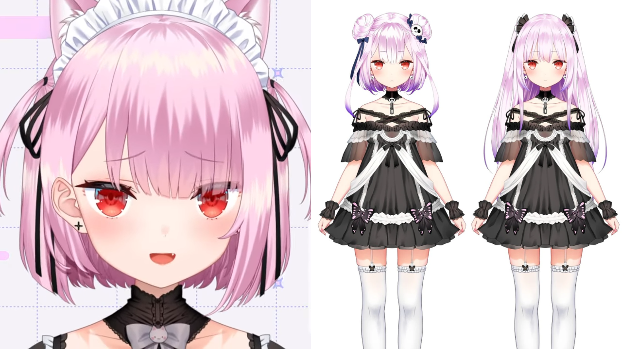 Left: Mikeneko's new model illustrated by Yasuyuki / Right: Uruha Rushia (hololive) in her pink look, also illustrated by Yasuyuki.